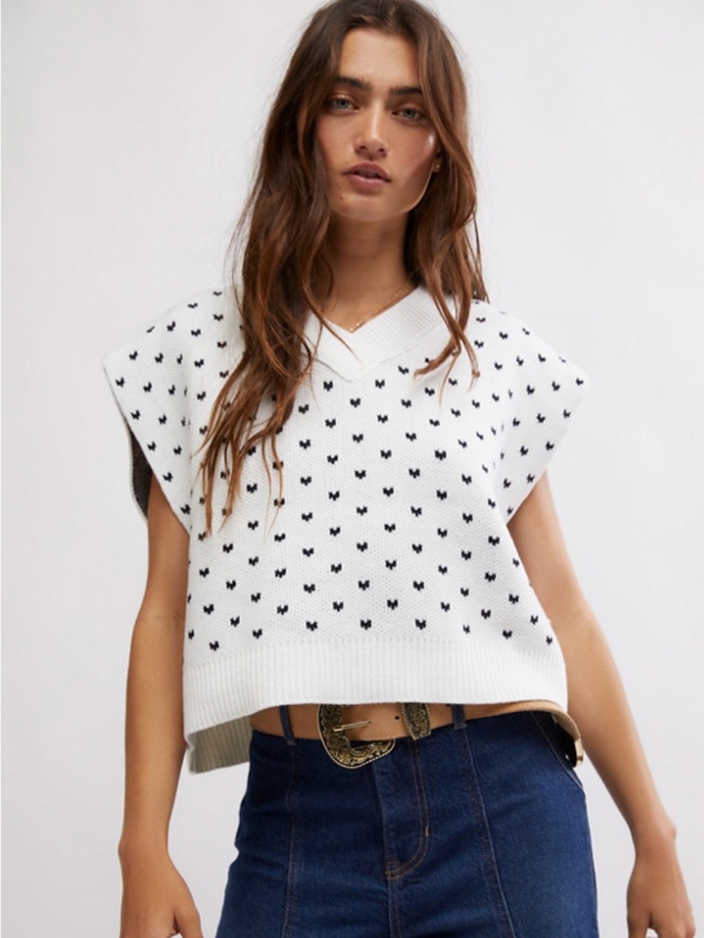 Free People Pattern Easy Street White V-Neck Sleeveless Sweater Vest, NWOT
